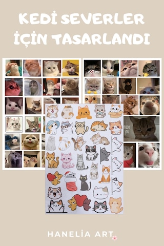 Sevimli Kedi Sticker Seti 2 Li Paket Kedi Çıkartmaları Ajanda, Defter, Laptop Çok Renkli