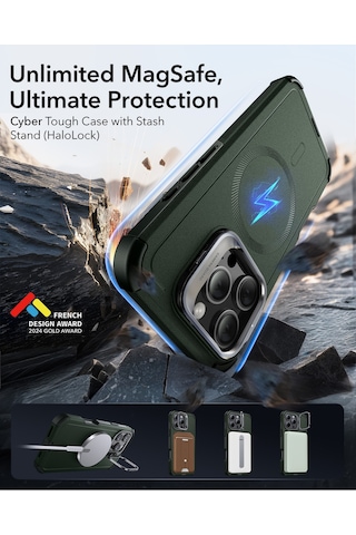 Esr Apple Uyumlu iPhone 16 Pro Cyber Tough Halolock Magsafe Stantlı Silikon Kılıf Green Green