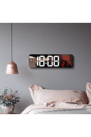 Xindoker Ev İçin Dijital Led Alarm Saat, Ayna Ekranlı, Duvar/sandık Tipi, Elektrikli, Siyah Kasa, Beyaz-kırmızı Sayılar Siyah - Beyaz