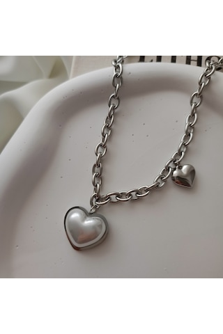 Lente Aksesuar Silver Renk Bombeli Sedefli Kalp Kolye Silver