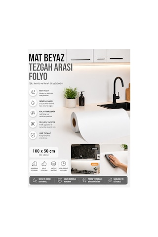 Mat Beyaz 50x100 Yapışkanlı Folyo Mutfak Dolap Ve Mobilya Kaplama Folyosu