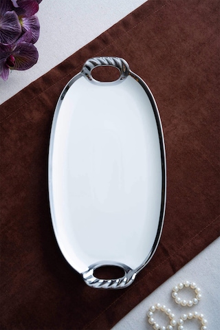 Acar Kaı-07681/4-slv Arven Silver Porselen Oval Sunum Tepsi - 41 16,5 3,5 Cm Gümüş