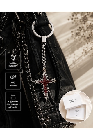 Kırmızı Gotik Haç Anahtarlık Diken Detaylı Unisex Çanta Aksesuarı