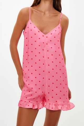 Ersefa Kadın Moda Boru Paça V Yaka Puantiyeli Desen Kısa Puantiyeli İp A Pembe