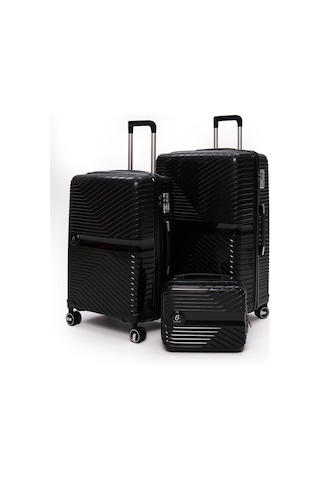 Elatae Exclusive Pro Polipropilen Kırılmaz 3'lü Valiz Seti Büyük - Orta Boy Ve Makyaj Çantası Siyah 5239 Siyah