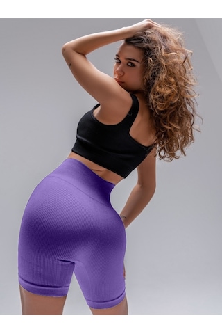 Mistirik Dublin Model Yüksek Bel Fitilli Seamless Biker Şort Lila Renk027 Lila