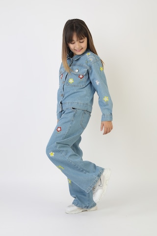 Moonch Papatya Ve Çiçek Nakışlı Kız Çocuk Denim Ceket&pantolon Takım Mavi