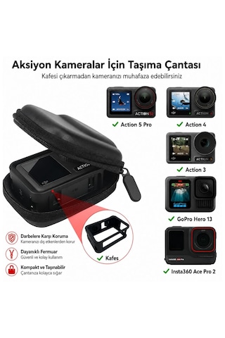 Knmaster Aksiyon Kamerası Taşıma Çantası Djı / Insta360 Kameralar Uyumlu Sert Koruyucu Çanta Siyah