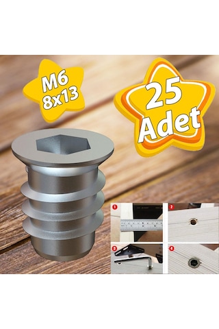 Metal Düz Dişli Dübel Ahşap Dübeli M6 8x13 Diş Çinko Mobilya Bağlantı Ünite Birleştirme 25 Adet