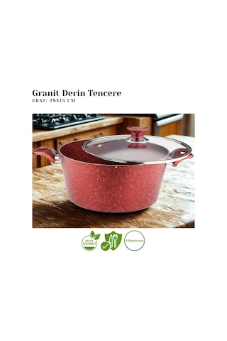 9 Parça Granit Set Cam Kapak - Kırmızı Kırmızı