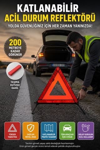 1 Adet Katlanabilir Üçgen Acil Durum Reflektörü Metal Ayaklı Taşıma Kutulu Araç Uyarı Üçgeni Kırmızı