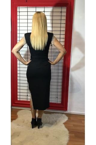 Kadın Elbise Siyah Omuz Ve Etek Taşlı Yırtmaçlı Siyah