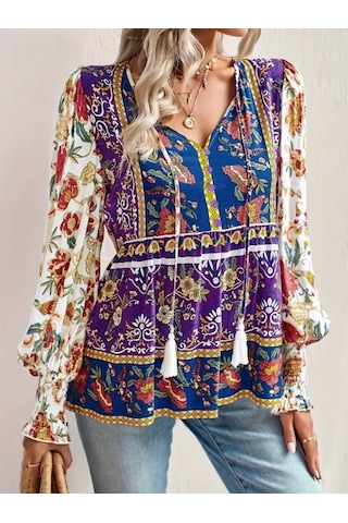 Nnstartshopping Kadın Uzun Kollu Yakası Açık Bağcıklı Çiçek Desenli Salaş Bluz Desenli
