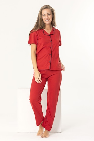 Kırmızı Renk Biyeli Pamuklu Kısa Kol Pijama Takımı Kırmızı