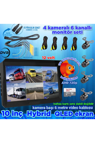 Ledsiz 4 Adet Ahd 720p Balık Gözü Kelebek Kamera 6 Kanallı 10 İnç Qled Ekran 256 Gb 12 Volt