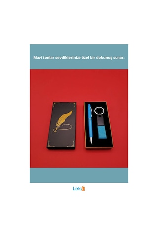 Mavi Metal Deri Anahtarlık Ve Tükenmez Kalem Takımı Çok Renkli