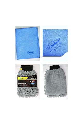 Polikur 3356 Mikrofiber Güderi Oto Kurulama Bezi & Spark 7050 Şönil Oto Temizlik Eldiveni 2'li Set