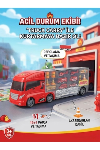İtfaiye Tırı Taşıyıcı Seti 55 Cm - 16 Parça Aksesuarlı Ve Şeffaf Kapaklı Oyuncak Kamyon
