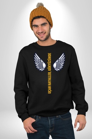 Uçan Hayaller Gökyüzünde Melek Kanatları Unisex Siyah Sweatshirt Siyah