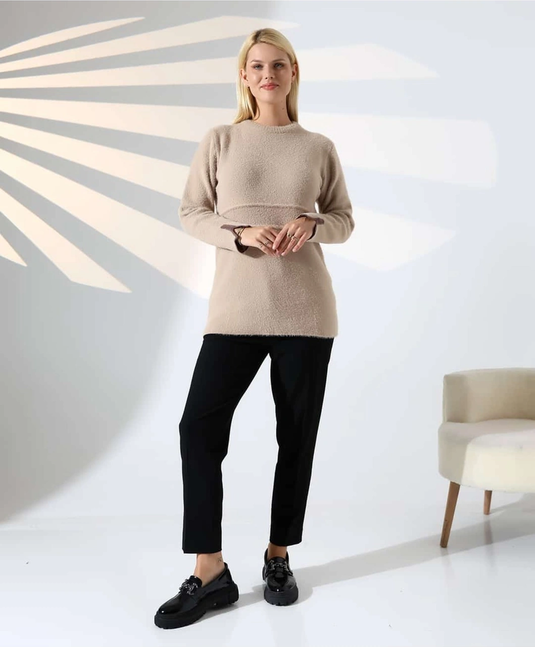 Bel Detaylı Yumuşak Triko Kazak Vizon