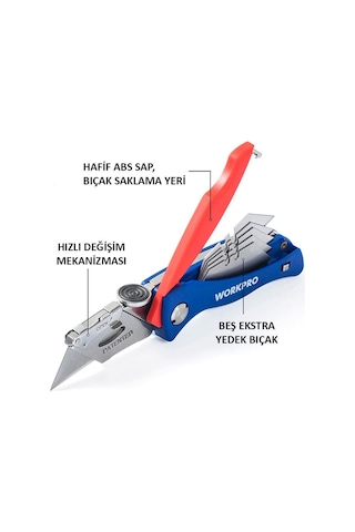 Workpro Wp211006 Ağır Hizmet Paslanmaz Çelik Gövde Katlanır Rötuş Maket Bıçağı + 6 Adet Yedek Bıçak Fr Wp211006