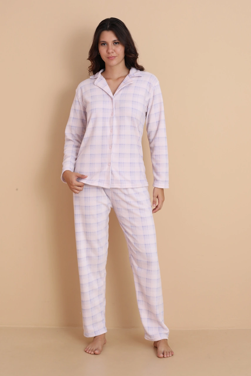 Fawn 1604 Boydan Düğmeli Polar Kışlık Kadın Pijama Takımı Pembe