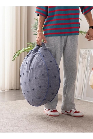 Çok Amaçlı Puantiyeli Keten Yer Bahçe Minderi Fermuarlı İç Dolgulu Yıkanabilir 60x62 Lacivert