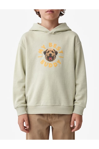 Koton Köpek Detaylı Önü Ve Arkası Baskılı Şardonlu Uzun Kollu Oversize Kapşonlu Sweatshirt Bej 7wkb10435tk Ekru