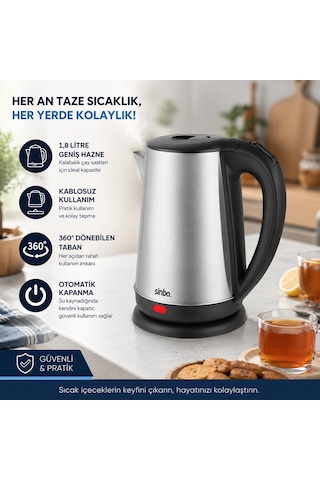 Çelik Kettle Su Isıtıcısı Kablosuz Kullanım 1.8lt 360 Derece Dönebilme Otomatik Kapanma Sk-8026 491