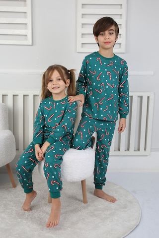 Zuzunga Yılbaşı Temalı Baston Şeker Desenli %100 Pamuk Unisex Pijama Takımı Yeşil1 Yeşil