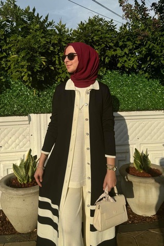 İmge Çizgili Triko Hırka Siyah Çok Renkli