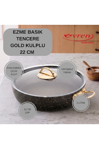 20 Cm Goldstone Ezme Seri Granit Basık Tencere, Non-stick Pilav Karnıyarık Tenceresi 1,7 Lt Çelik Kulp 22 Cm
