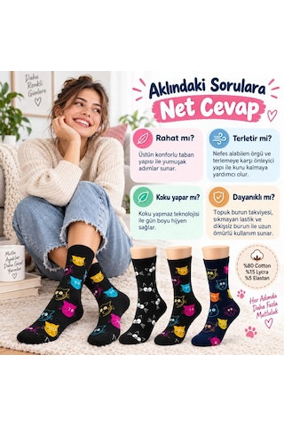 Çorap Giyim Unisex Kedi Desenli Çorap 6'lı Set Pamuklu Renkli Uzun Soket Dikişsiz Nefes Alan Rahat Günlük Çorap Çok Renkli