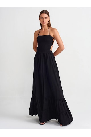 Olla Collection Uzun Keten Elbise-siyah Siyah
