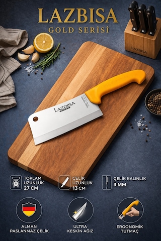 Lazbisa Mft-012 Gold Serisi Pide Börek Mutfak Bıçağı Salata Pizza Bıçak Kıyma Satırı Doğrama 2 Li Set Sarı