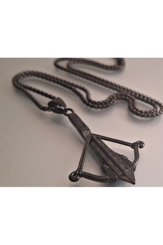 Paslanmaz Çelik Arbalet Tatar Yay Ok Kolye /60 Cm Siyah Zincirli Siyah