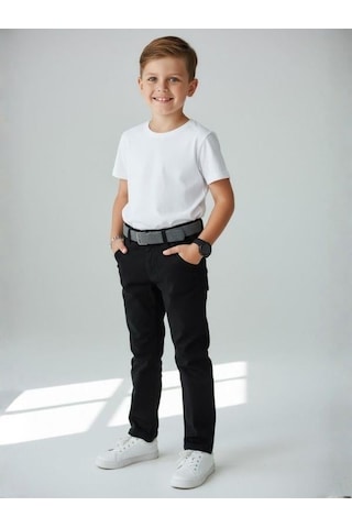 Zekids Erkek Çocuk Kemerli Gabardin Pantolon-16347 Siyah