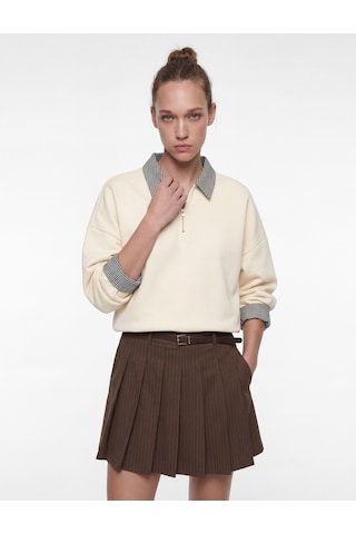 Koton Rahat Kalıp Uzun Kollu Kareli Yaka Detaylı Yarım Fermuarlı Sweatshirt Taş 6sal10557ık
