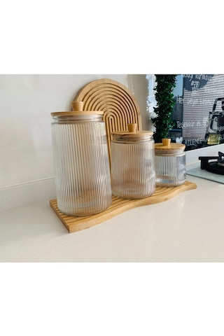 Qerhome Bambu Kapaklı Vakumlu 3'lü Çizgili Kavanoz Seti 800/1300/1800 Ml ŞEffaf