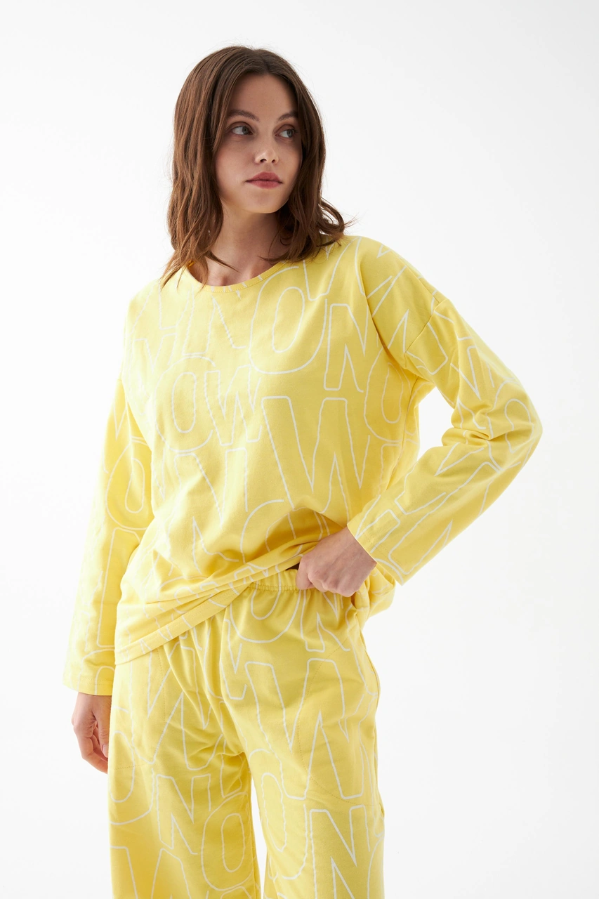 Akbeniz Kadın Oversize Sarı Desenli Pamuklu Kalın Pijama Takımı Sarı