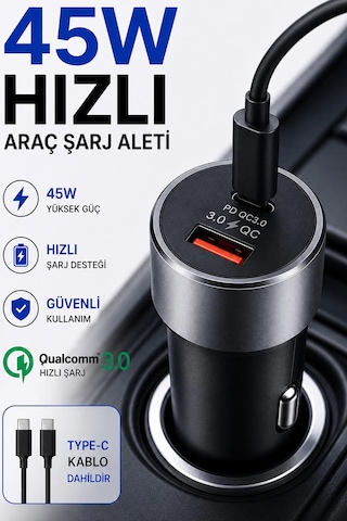 Diğer - 45w Hızlı Araç Şarj Aleti Type C Samsung İphone Telefonlar İçin 45w Hızlı Araba Şarjı Cihazı Ve Kablo