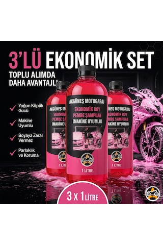 3 Adet Akgüneş Motogaraj 1lt Pembe Köpük Oto Şampuanı Konsantre 100 Kat