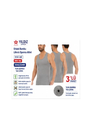Yıldız Çamaşır Erkek Bambu Sporcu Likralı Atlet 490-491-492 - 3 Adet Gri