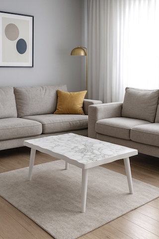 Modern Kavisli Orta Sehpa Mdf Üst Tabla Ahşap Ayaklı Desenli Beyaz Beyaz