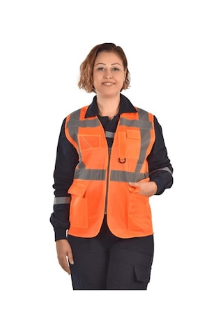 Mühendis İkaz Yeleği Cepli İki Renk Sarı Ve Turuncu Çok Renkli