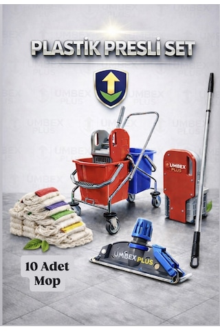 Umbex Çift Kovalı Krom Paspas Arabası Temizlik Arabası Islak Mop Seti 10 Adet Islak Mop