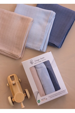 Çok Amaçlı Müslin Örtü & Battaniye 3'lü Set Pamuk Oeko-teks Sertifikalı 80x80 Cm Bebe Mavi