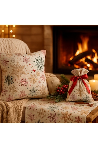 Yılbaşı Temalı Masa Runner + Kırlent Kılıfı + Hediye Kesesi Kombin Set Kar Tanesi Desenli Beyaz - Bej