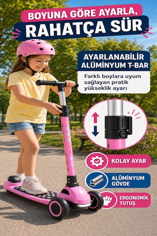 Pembe Speedx Wx-817 Rgb Işıklı Müzikli Çocuk Scooter Ayarlanabilir Alüminyum T-bar Tekerlekli Frenli