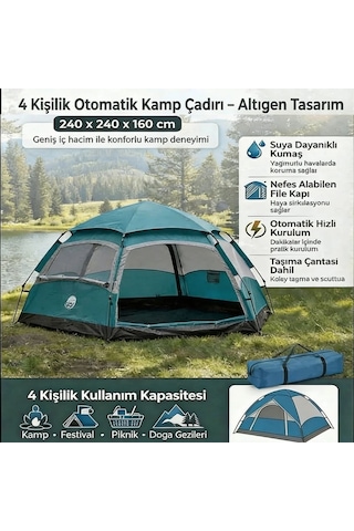 Buffer 4 Kişilik Otomatik Kamp Çadırı Altıgen Tasarım, Çift Kapılı, Suya Dayanıklı, Hızlı Kurulumlu Geniş Aile Outdoor Çadırı 240x240x160 Cm Sarı